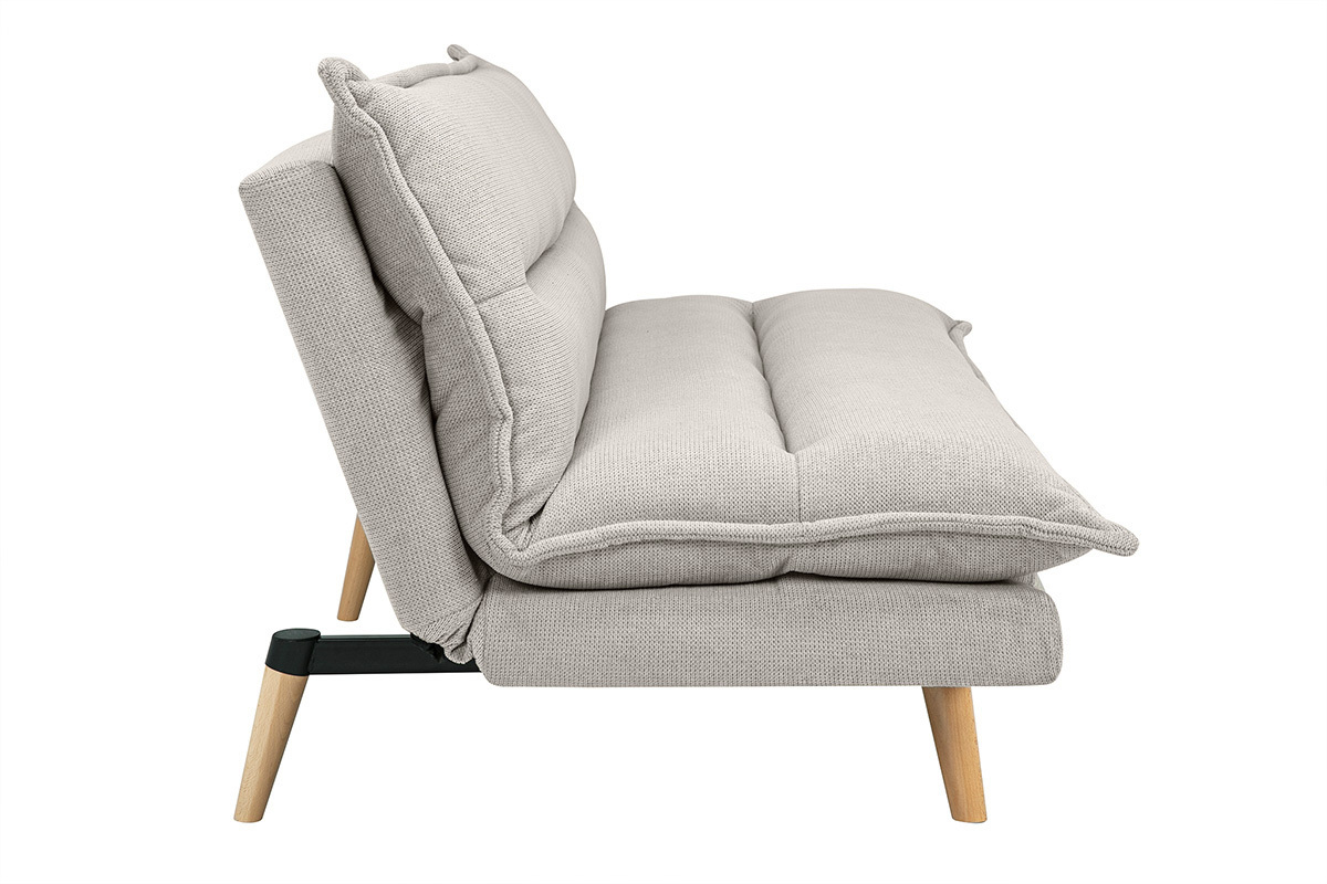 Canap� convertible 3 places beige BINGO, vue de c�t�, pieds en bois clair.