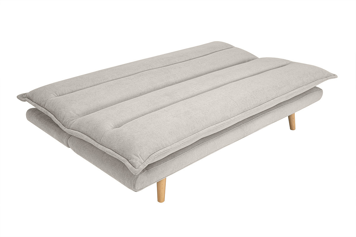 Canap� convertible beige en couchage, pieds en bois clair, vue de dessus.