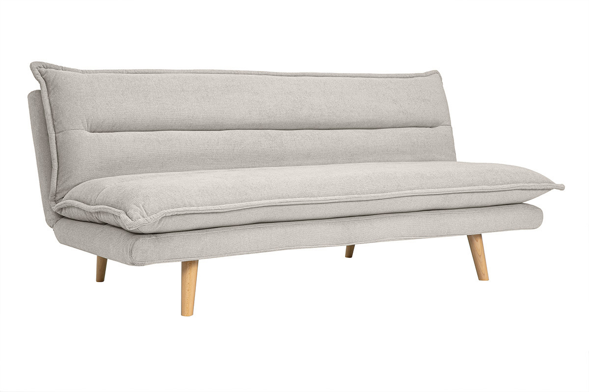 Canap� convertible 3 places en tissu beige et bois clair, vue de trois quarts.