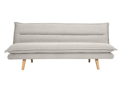 Canap&eacute; convertible 3 places en tissu chenille beige et bois clair BINGO