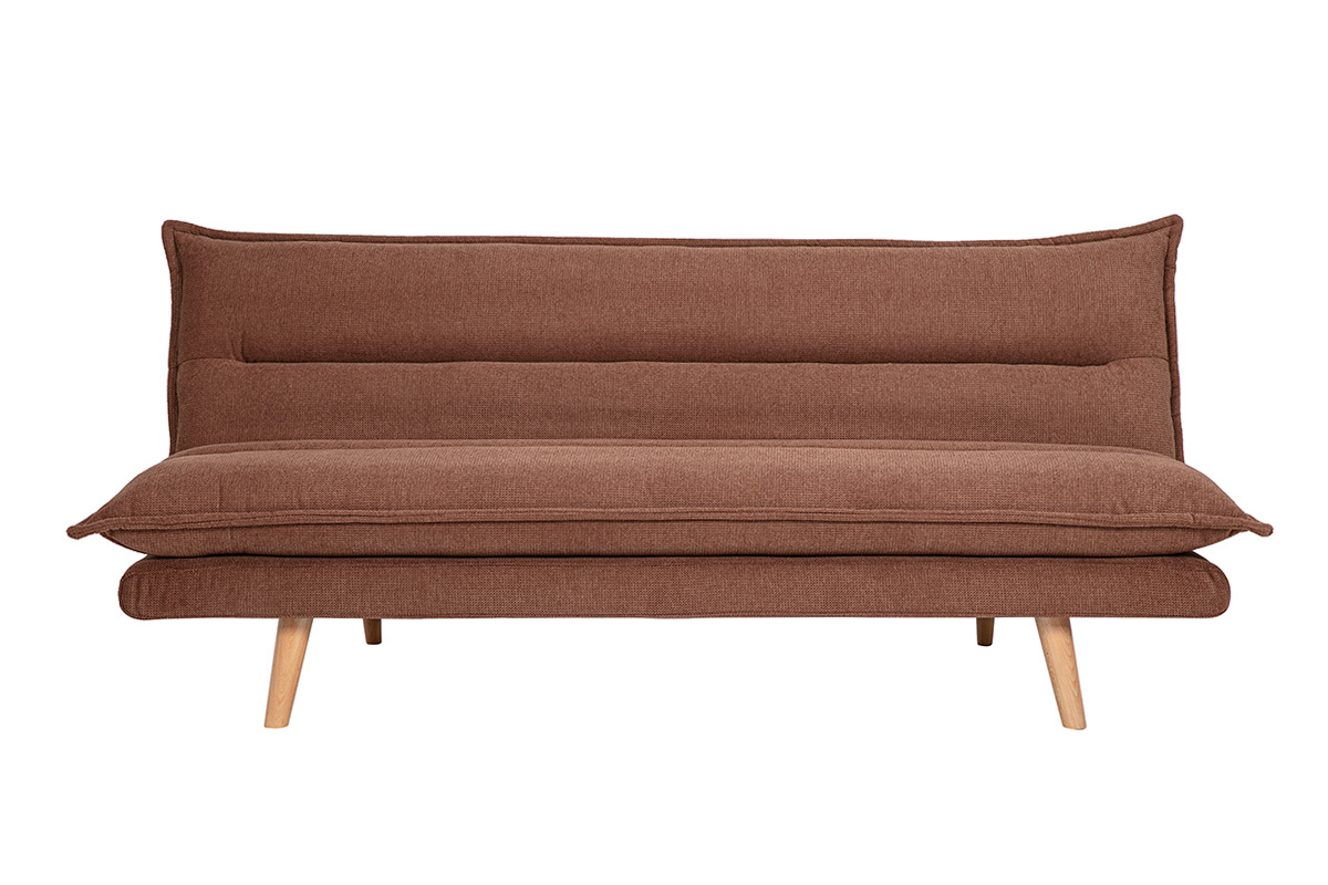 Canap� convertible 3 places en tissu terre br�l�e avec pieds en bois clair, vue de face.