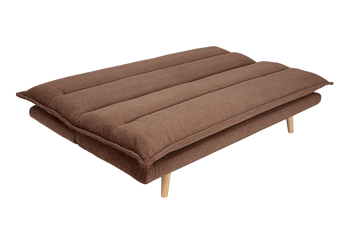 Canap� convertible 3 places, tissu velours terre br�l�e, pieds bois clair, en mode lit.