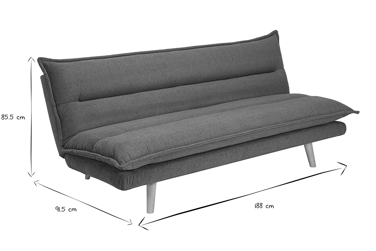 Dimensions du canap� convertible 3 places BINGO en noir et blanc : L188 x P91,5 x H85,5 cm, vue de c�t�.