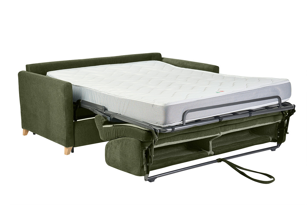 Canap� convertible 3 places SKANDY en tissu chenille vert fonc� avec matelas ouvert, vue de 3/4.