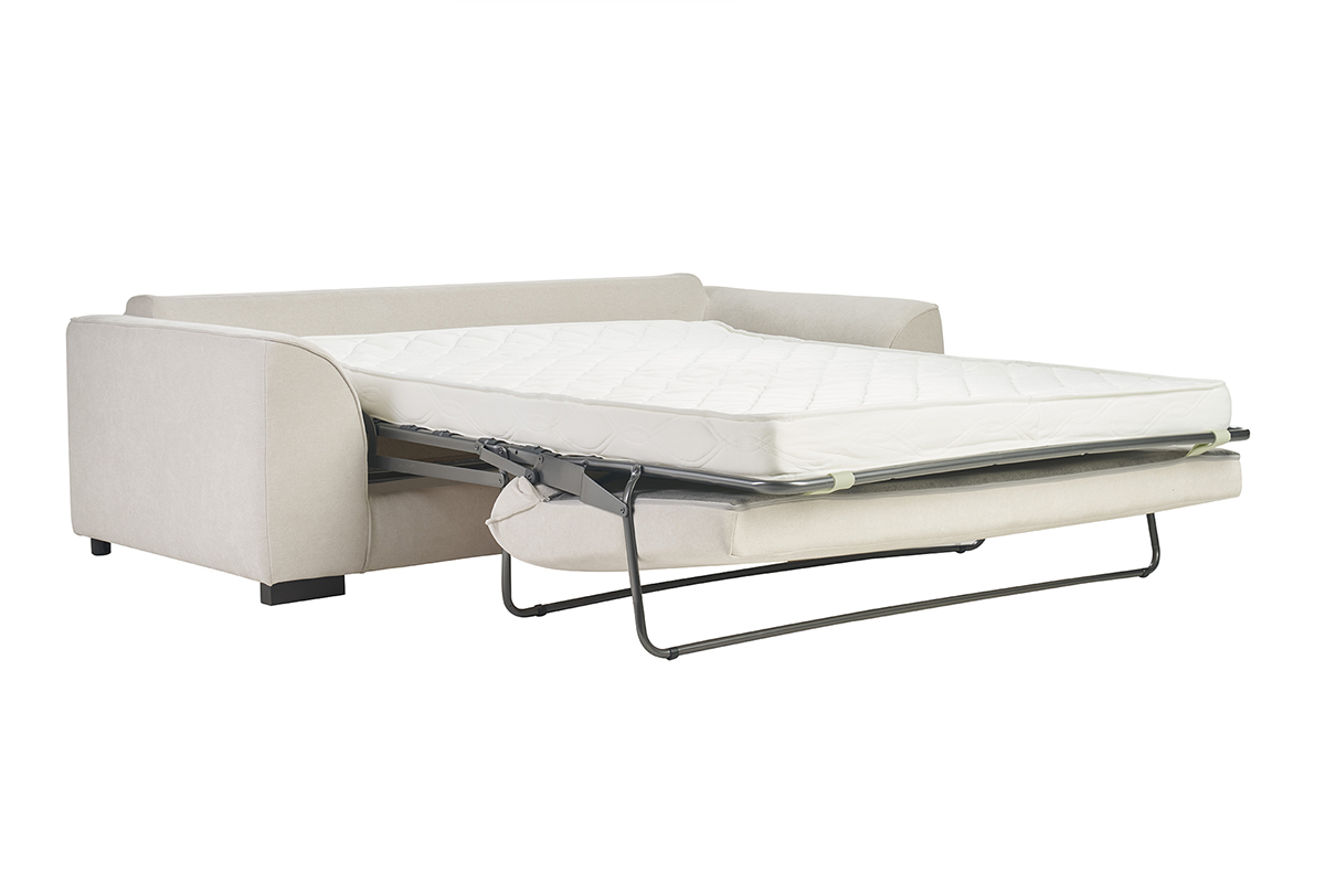Canap� convertible 3 places beige avec matelas d�pli�, vue de c�t�.