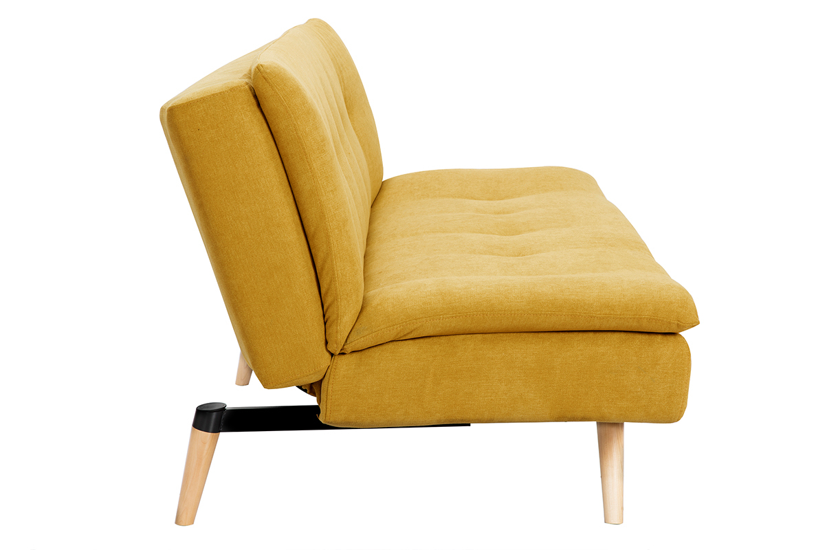 Canap� convertible 3 places en tissu effet velours jaune moutarde et bois clair SENSO