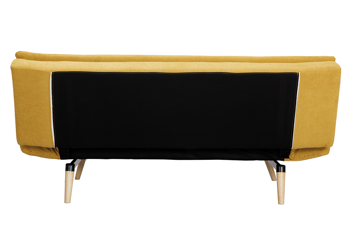 Canap� convertible 3 places en tissu effet velours jaune moutarde et bois clair SENSO