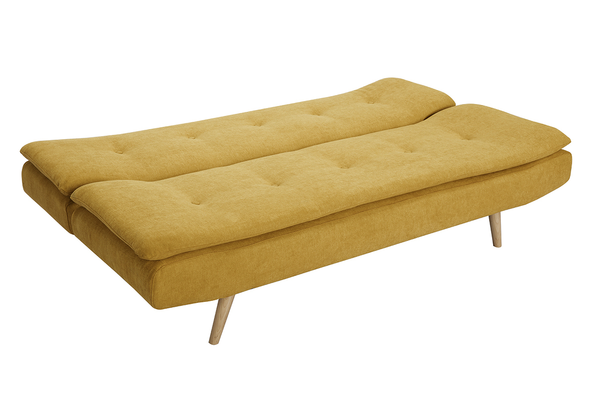 Canap� convertible 3 places en tissu effet velours jaune moutarde et bois clair SENSO
