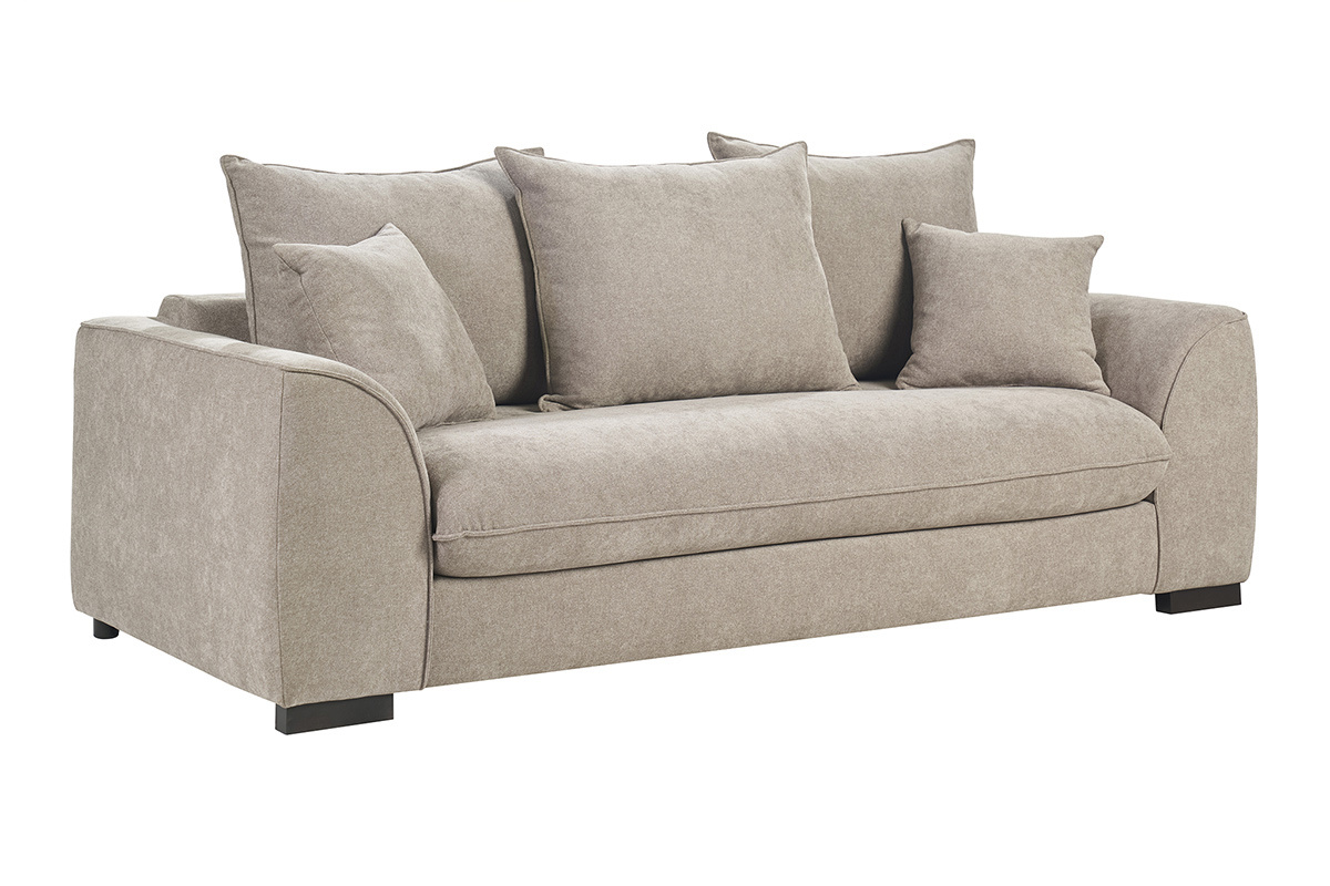 Canap� convertible 3 places en tissu taupe, vue de trois quarts avec coussins assortis.