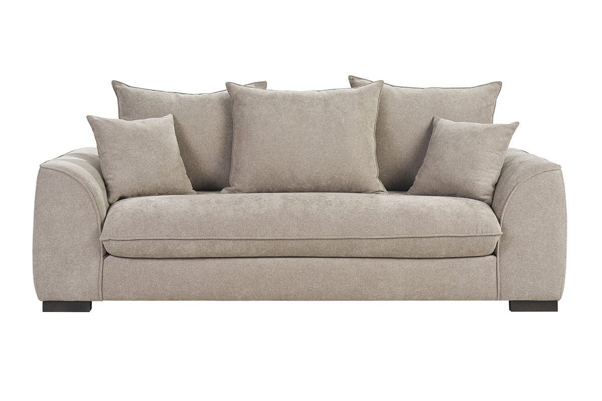 Canap� convertible 3 places taupe, effet velours, vue de face.
