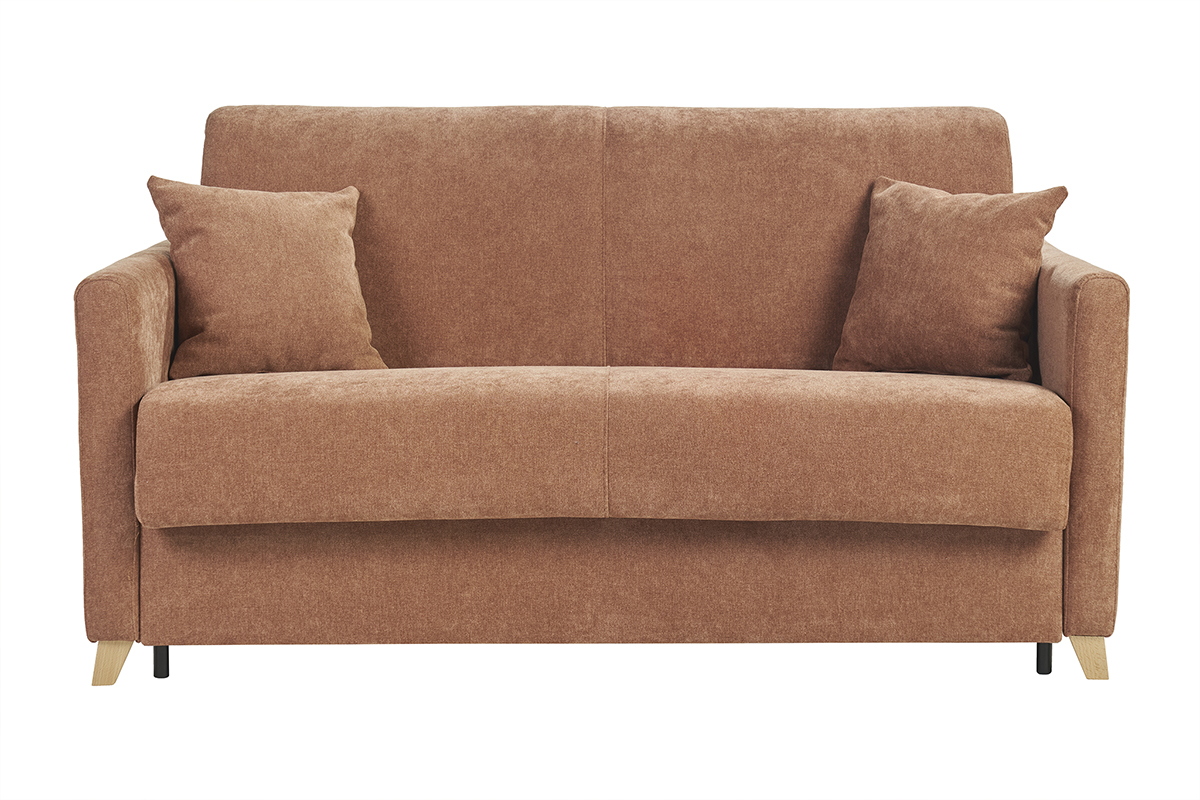 Canap� convertible 3 places en tissu terre br�l�e, vue de face avec accoudoirs et pieds en bois clair.