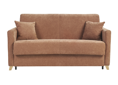 Canap&eacute; convertible 3 places en tissu effet velours terre br&ucirc;l&eacute;e et bois clair avec matelas 18 cm SKANDY