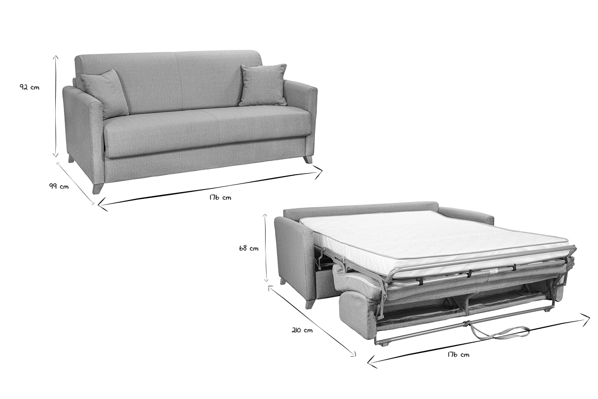 Canap� convertible 3 places en tissu gris clair et bois clair avec matelas 13 cm SKANDY