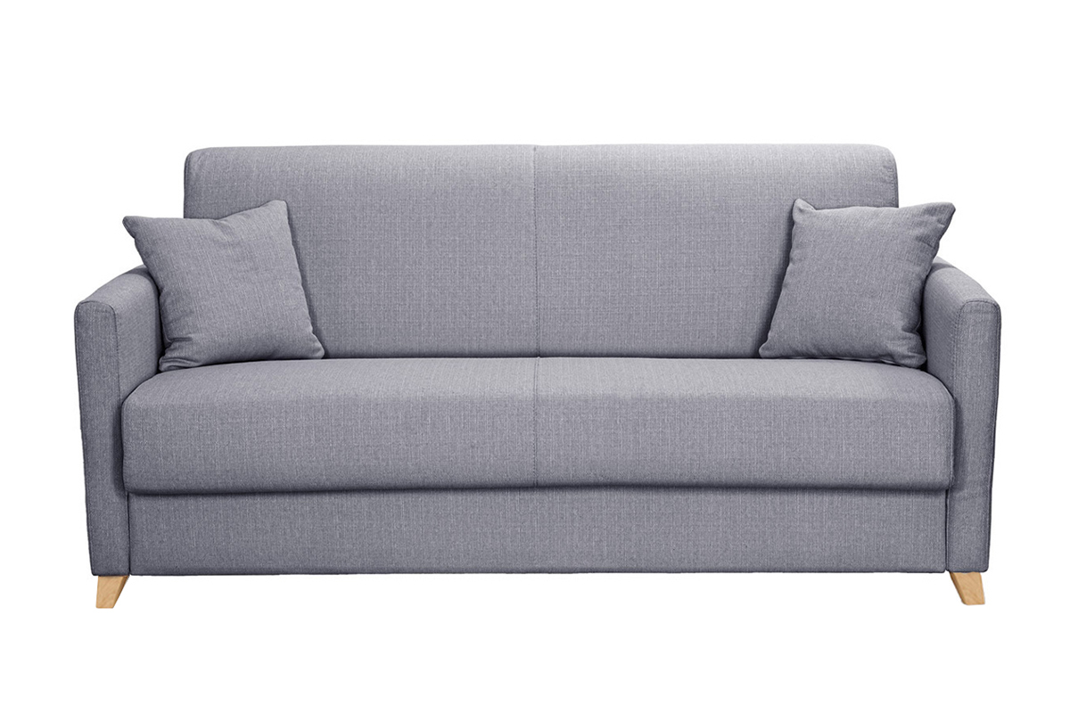 Canap� convertible 3 places en tissu gris clair et bois clair avec matelas 13 cm SKANDY