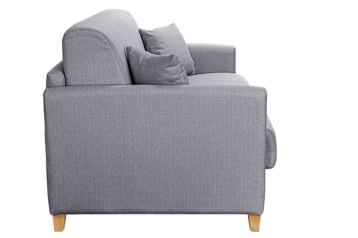 Canap� convertible 3 places en tissu gris clair et bois clair avec matelas 13 cm SKANDY
