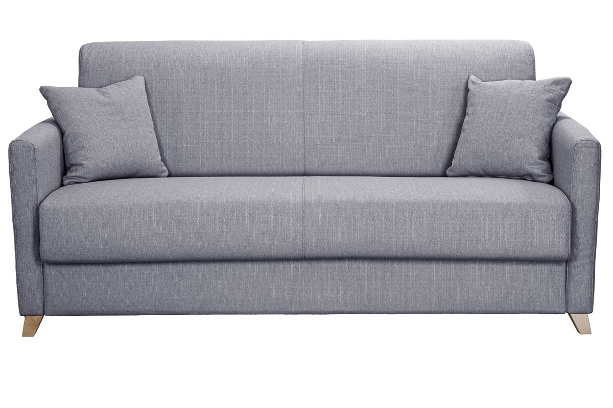 Canap� convertible 3 places en tissu gris clair et bois clair avec matelas 18 cm SKANDY