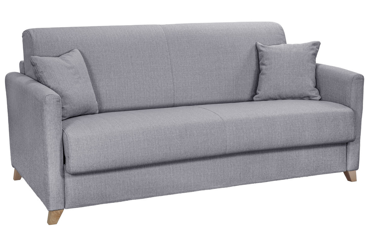Canap� convertible 3 places en tissu gris clair et bois clair avec matelas 18 cm SKANDY