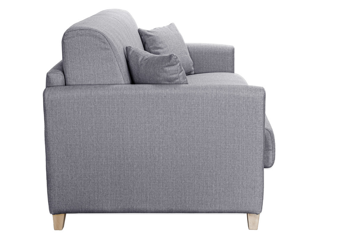 Canap� convertible 3 places en tissu gris clair et bois clair avec matelas 18 cm SKANDY