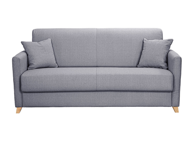 Canap&eacute; convertible 3 places en tissu gris clair et bois clair avec matelas 18 cm SKANDY