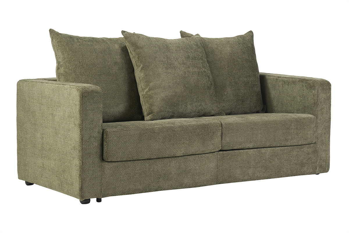 Canap� convertible 3 places en velours chenille vert kaki, avec coussins, angle 3/4.