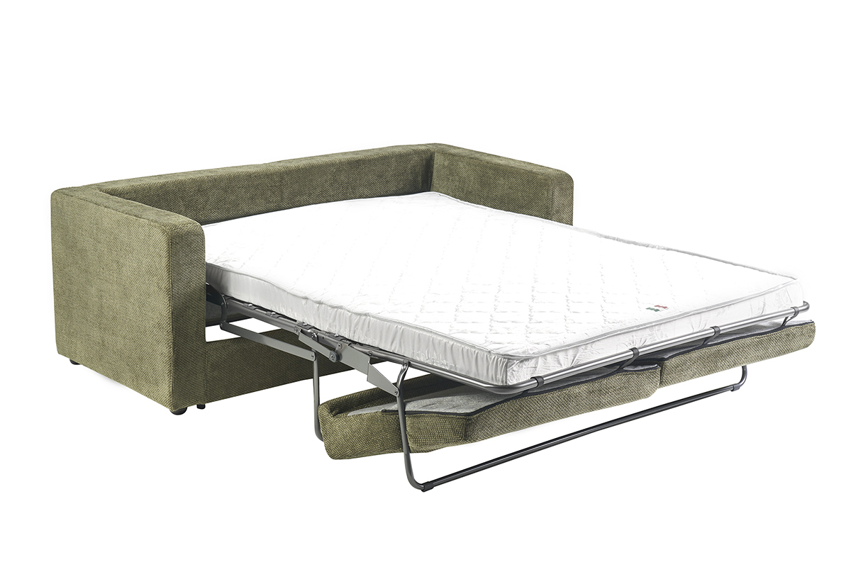 Canap� convertible 3 places en velours chenille vert kaki avec matelas d�pli� de 13 cm