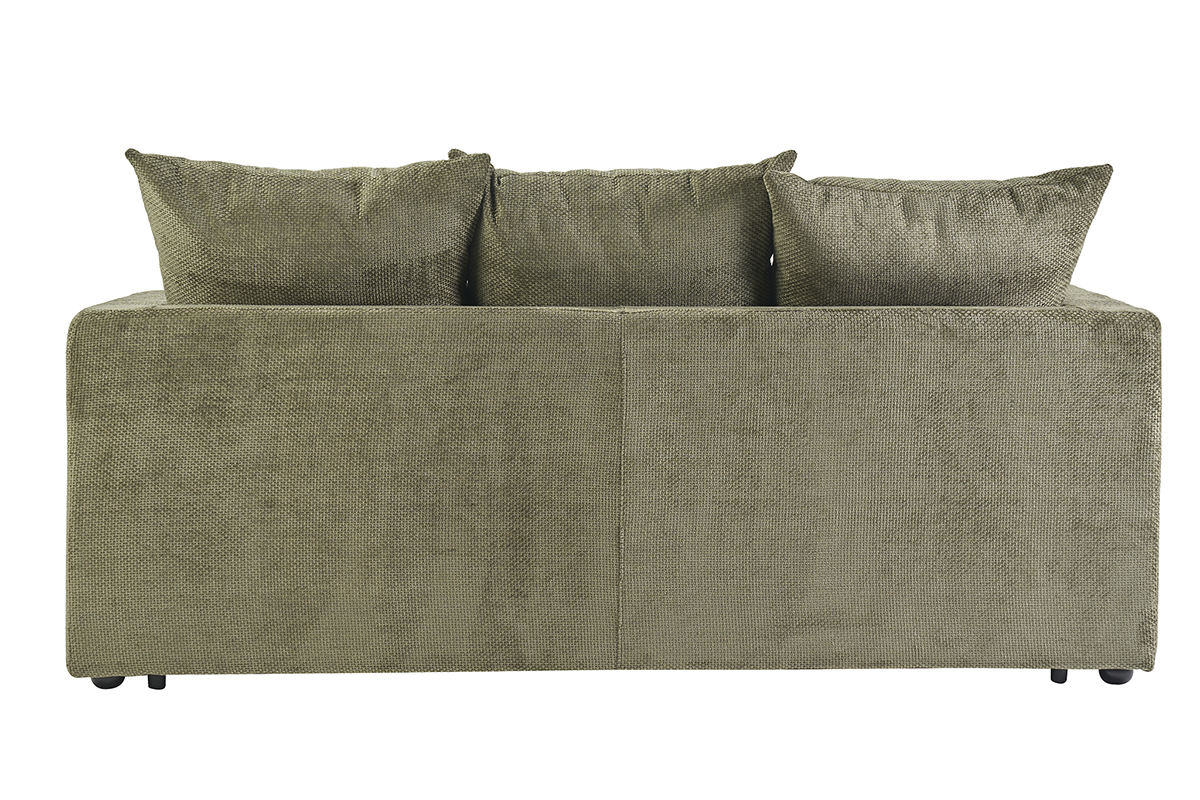 Canap� convertible 3 places en velours chenille vert kaki, dos avec coussins, vue de dos.