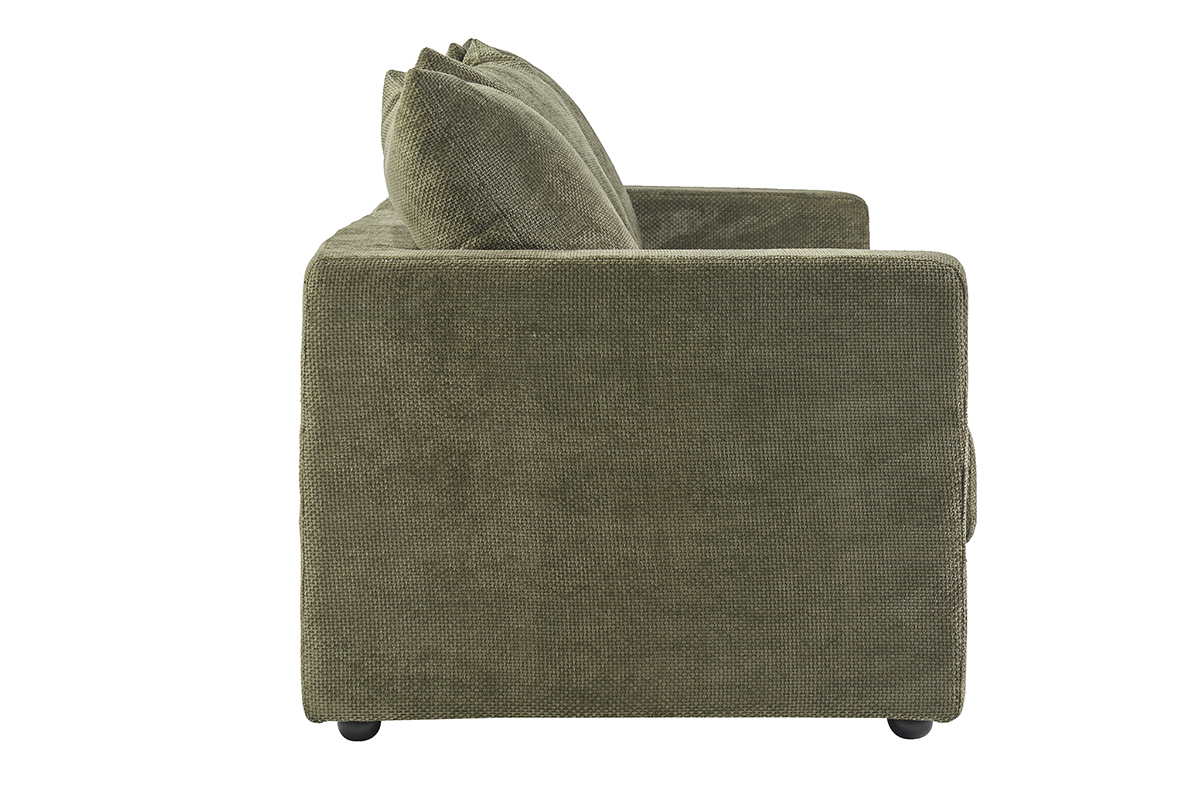 Canap� convertible 3 places en velours chenille vert kaki, vue de profil