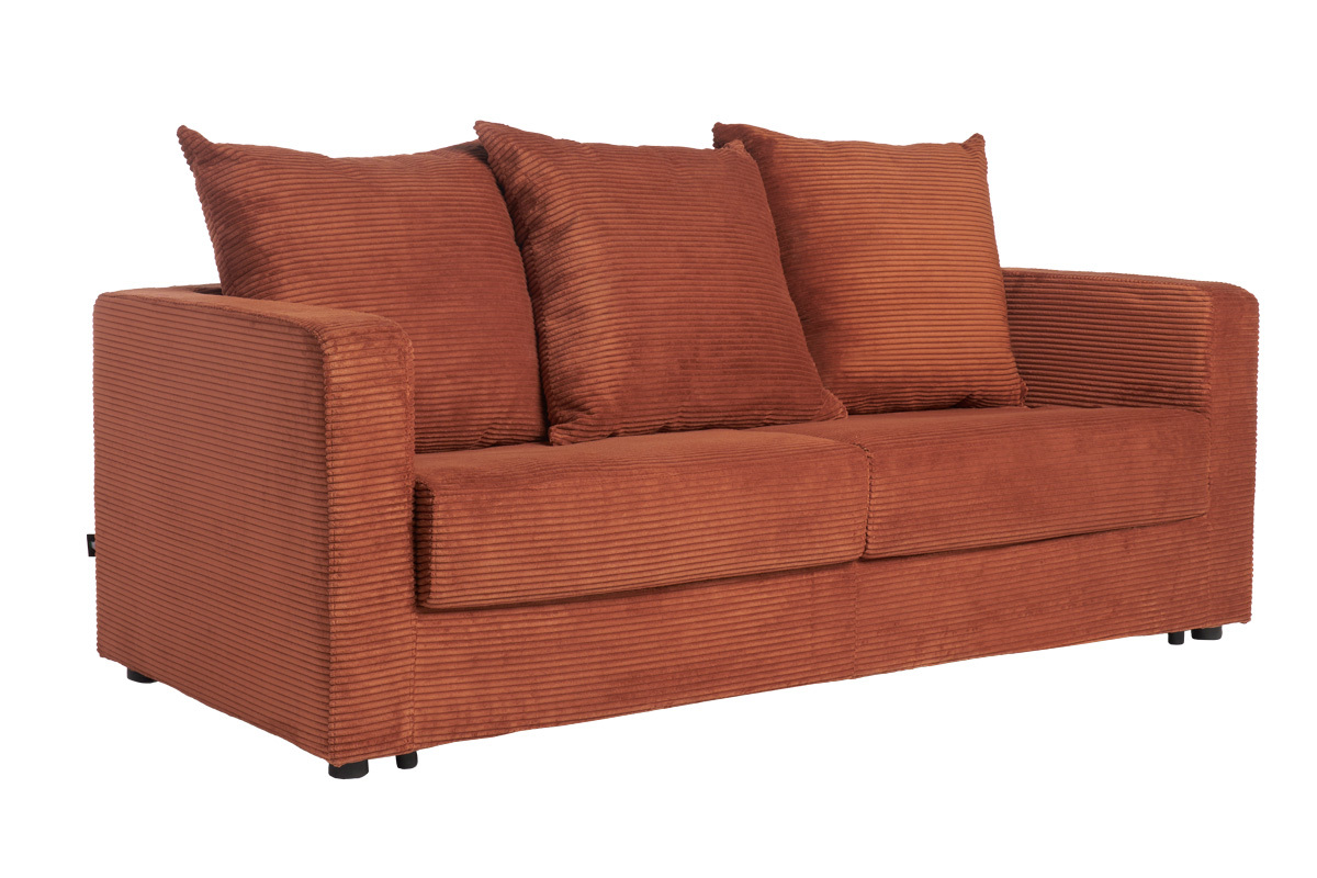 Canap� convertible 3 places en tissu velours c�tel� terracotta avec matelas 13 cm BACIO
