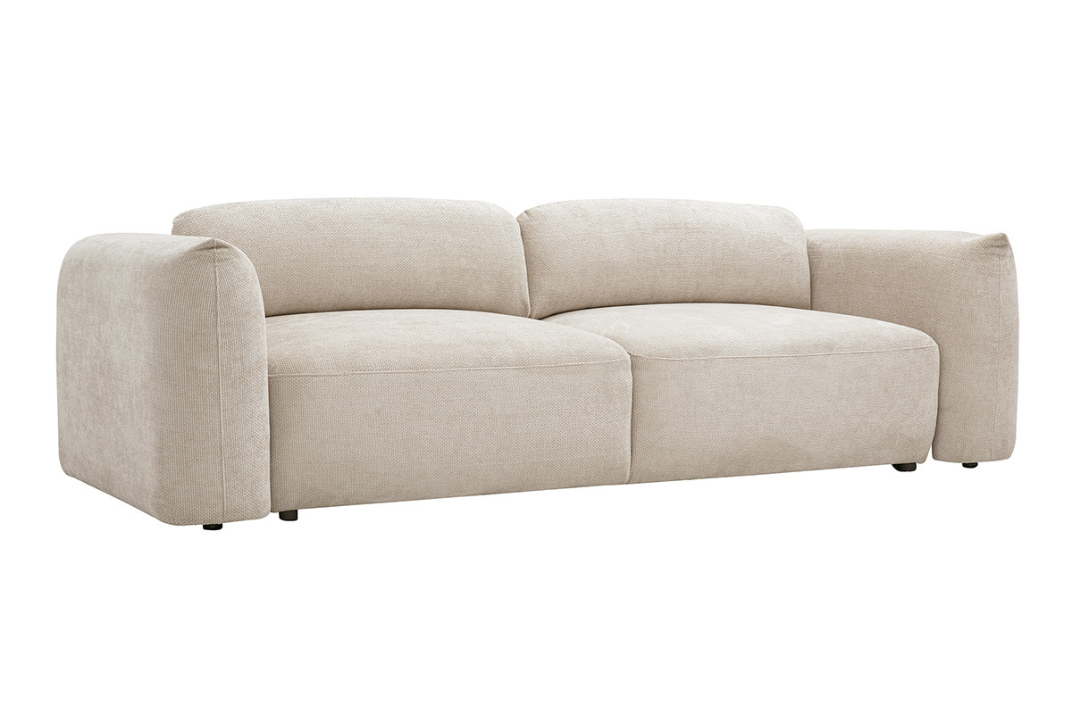 Canap� convertible 4 places beige en velours chenille, vue de 3/4.