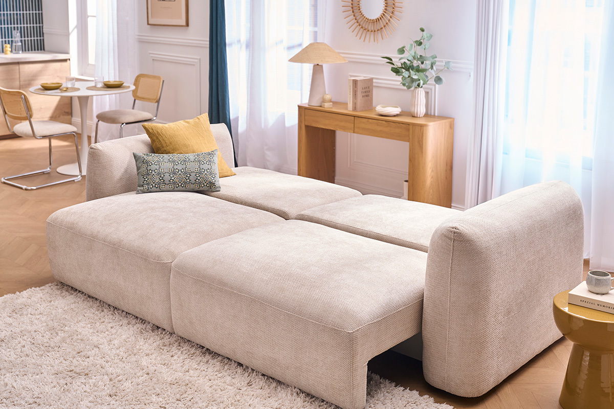 Canap� convertible 4 places avec coffre en tissu velours chenille beige SWELL