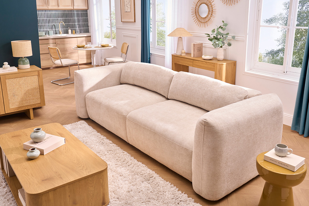 Canap� convertible 4 places avec coffre en tissu velours chenille beige SWELL