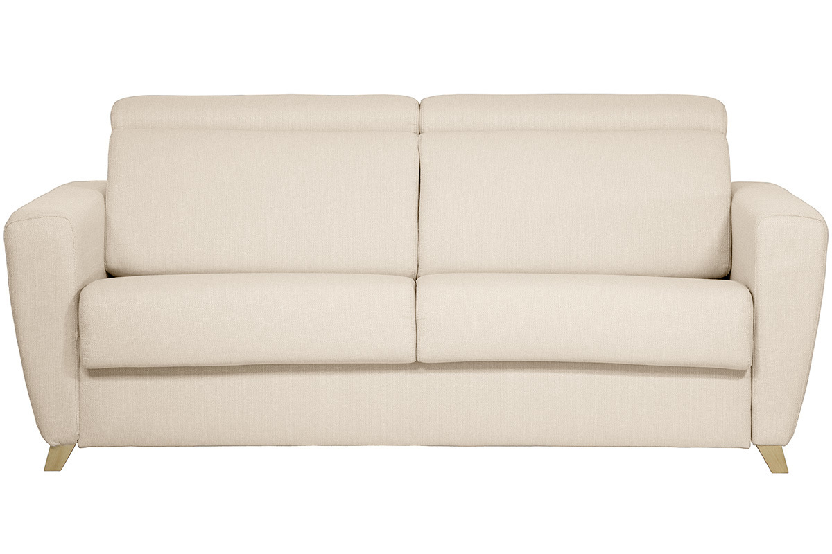 Canap� convertible 3 places beige, face avant, pieds en h�tre massif.