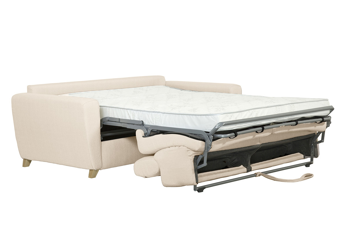 Canap� convertible beige avec matelas d�pli�, vue de 3/4