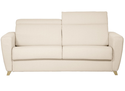 Canap&eacute; convertible avec t&ecirc;ti&egrave;res ajustables 3 places en tissu beige et bois clair avec matelas 13 cm GOYA