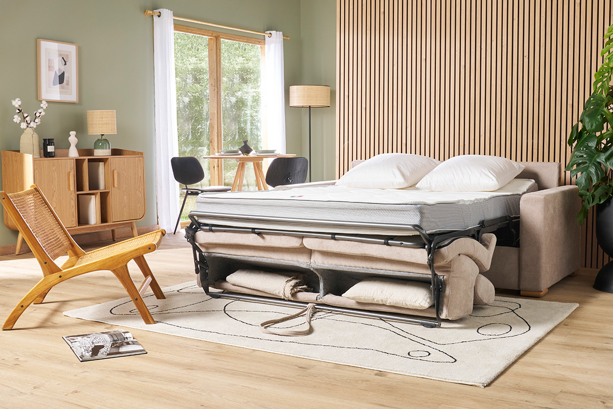 Canap� convertible avec t�ti�res ajustables 3 places en tissu bleu canard avec matelas 18 cm NORO