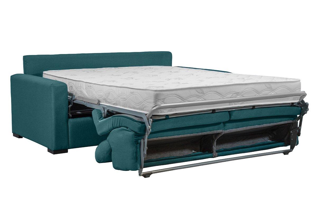 Canap� convertible avec t�ti�res ajustables 3 places en tissu bleu canard avec matelas 18 cm NORO