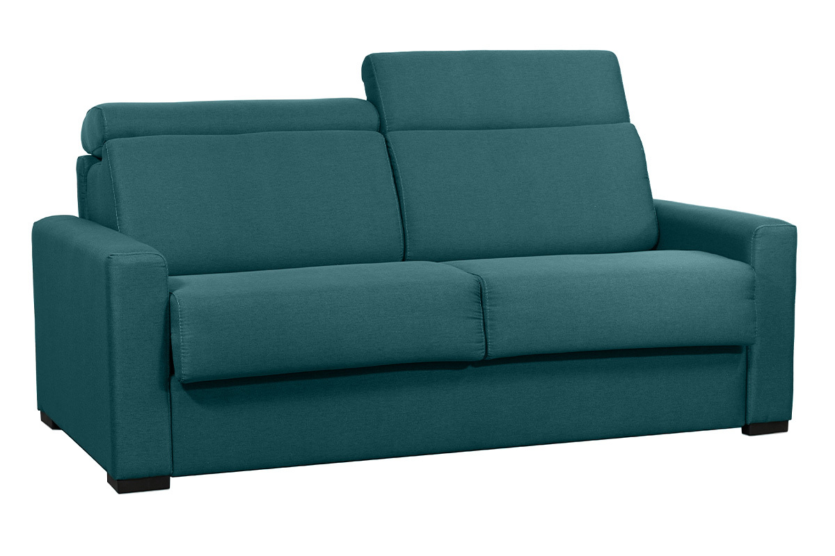 Canap� convertible avec t�ti�res ajustables 3 places en tissu bleu canard avec matelas 18 cm NORO