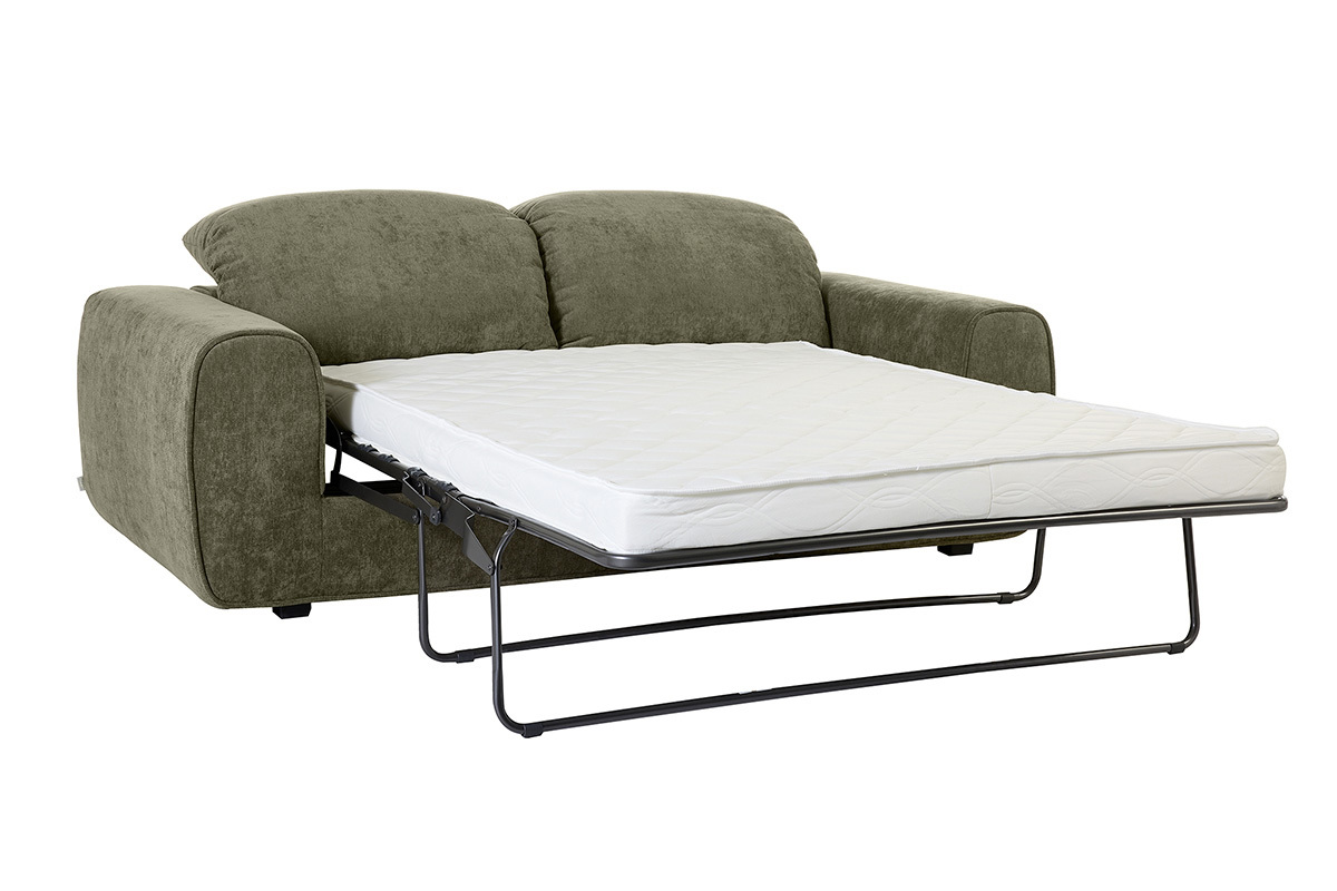 Canap� convertible 3 places en tissu effet velours textur� vert kaki, lit d�pli�