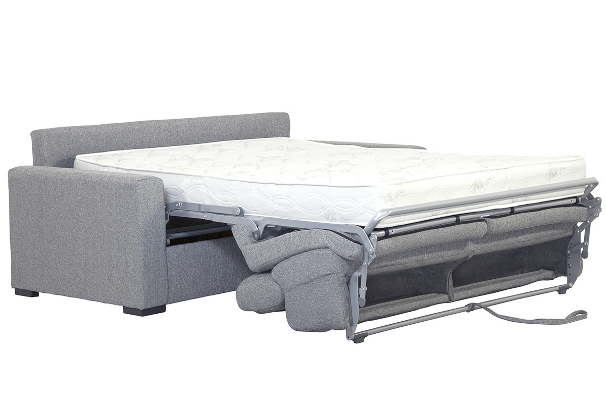 Canap� convertible 3 places gris clair avec matelas d�pli� et t�ti�res ajustables.