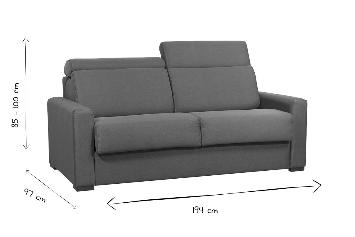 Canap� convertible gris clair avec dimensions en noir et blanc : 85-100 cm (hauteur), 97 cm (profondeur), 194 cm (largeur).