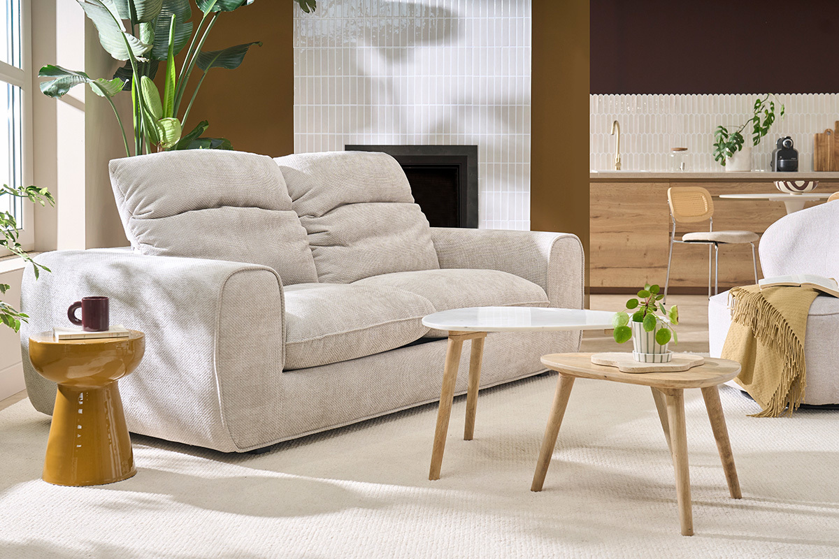 Canap� convertible avec t�ti�res ajustables 3 places en tissu velours chenille beige NOAM