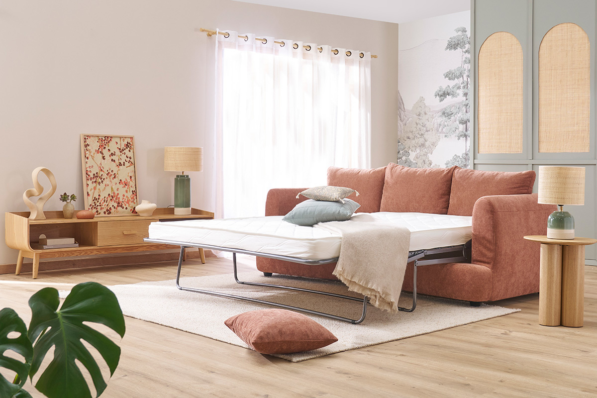 Canap� convertible d�houssable 3-4 places design haricot en tissu effet velours terre br�l�e SACHA