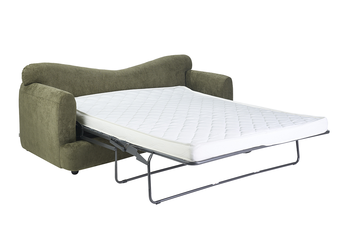 Canap� convertible d�houssable vert kaki, mod�le SACHA, avec matelas d�pli�, vue de 3/4.