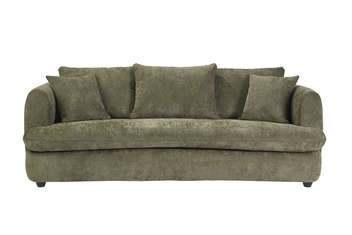 Canap� convertible 3-4 places design haricot en tissu effet velours textur� vert kaki devant avec coussins