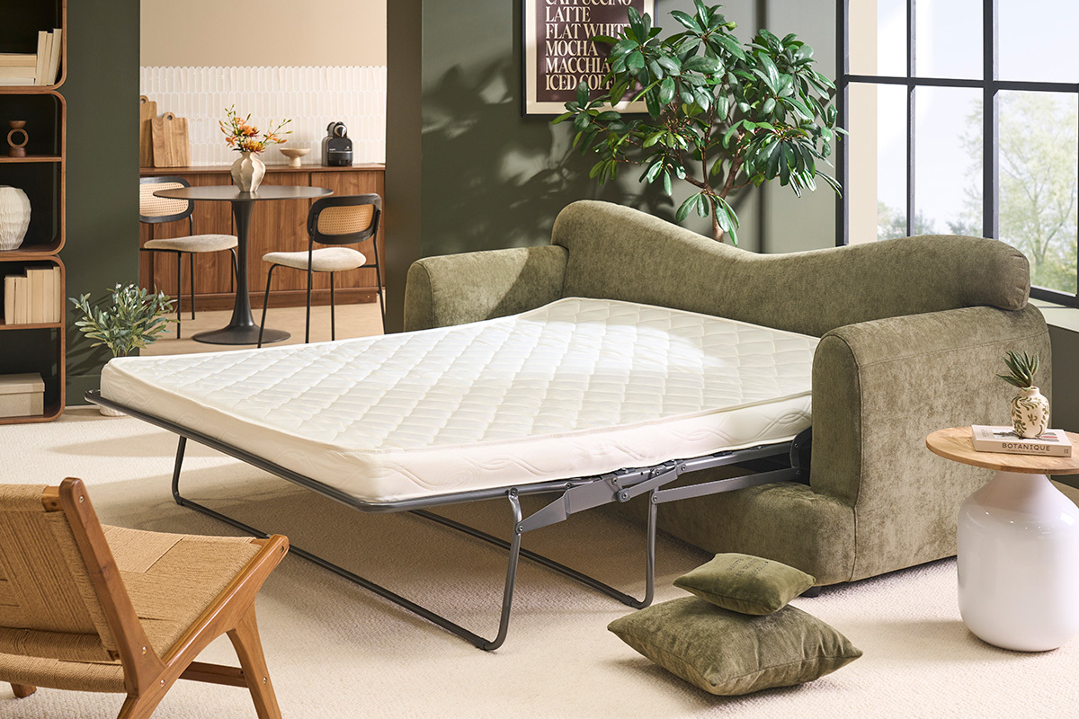 Canap� convertible d�houssable 3-4 places design haricot en tissu effet velours textur� vert kaki SACHA