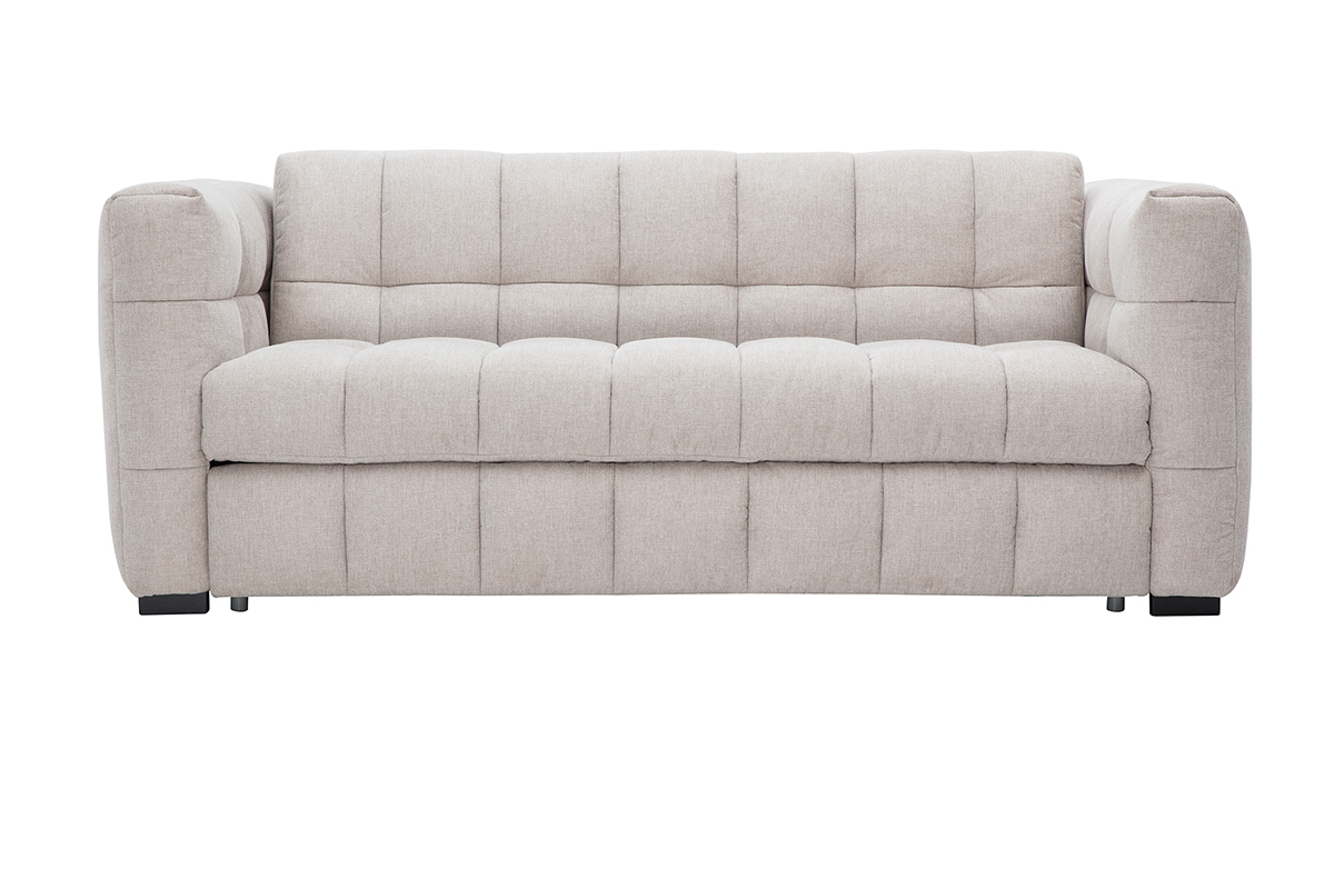 Canap� convertible design 3 places en tissu effet velours beige, vue de face.