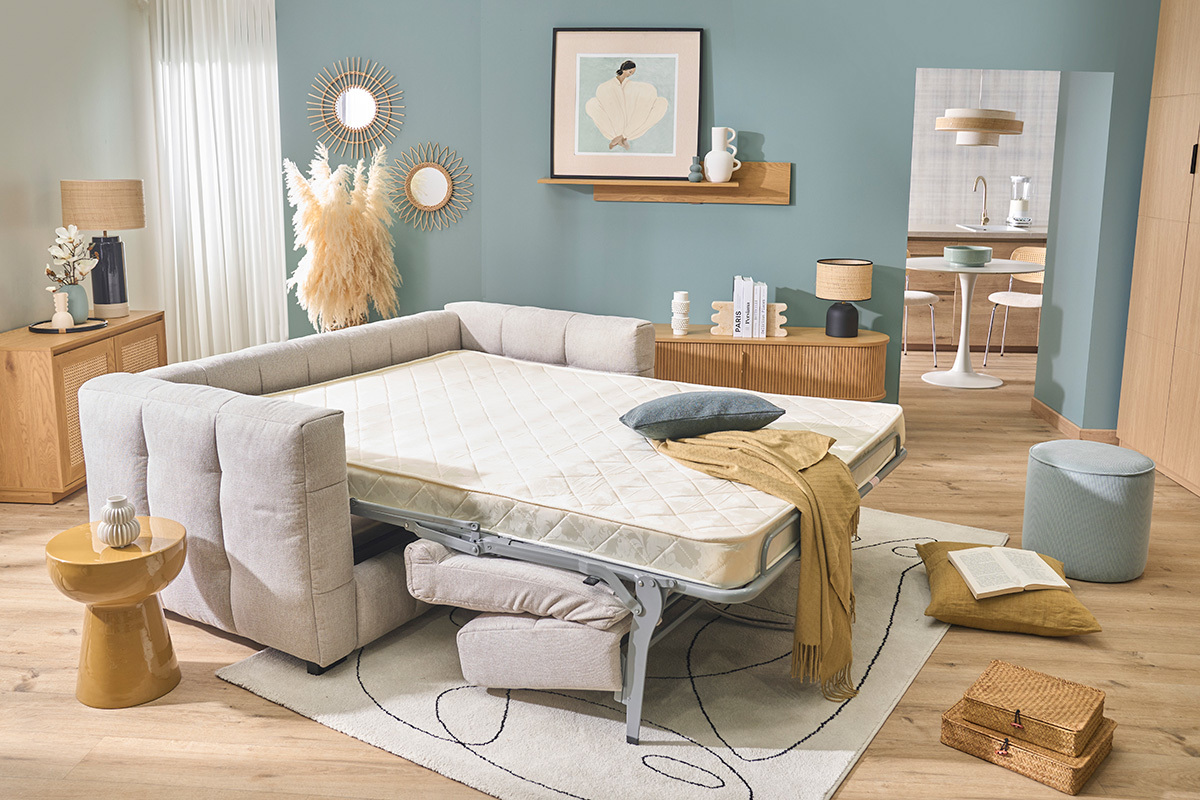 Canap� convertible design 3 places en tissu effet velours textur� beige CORTO
