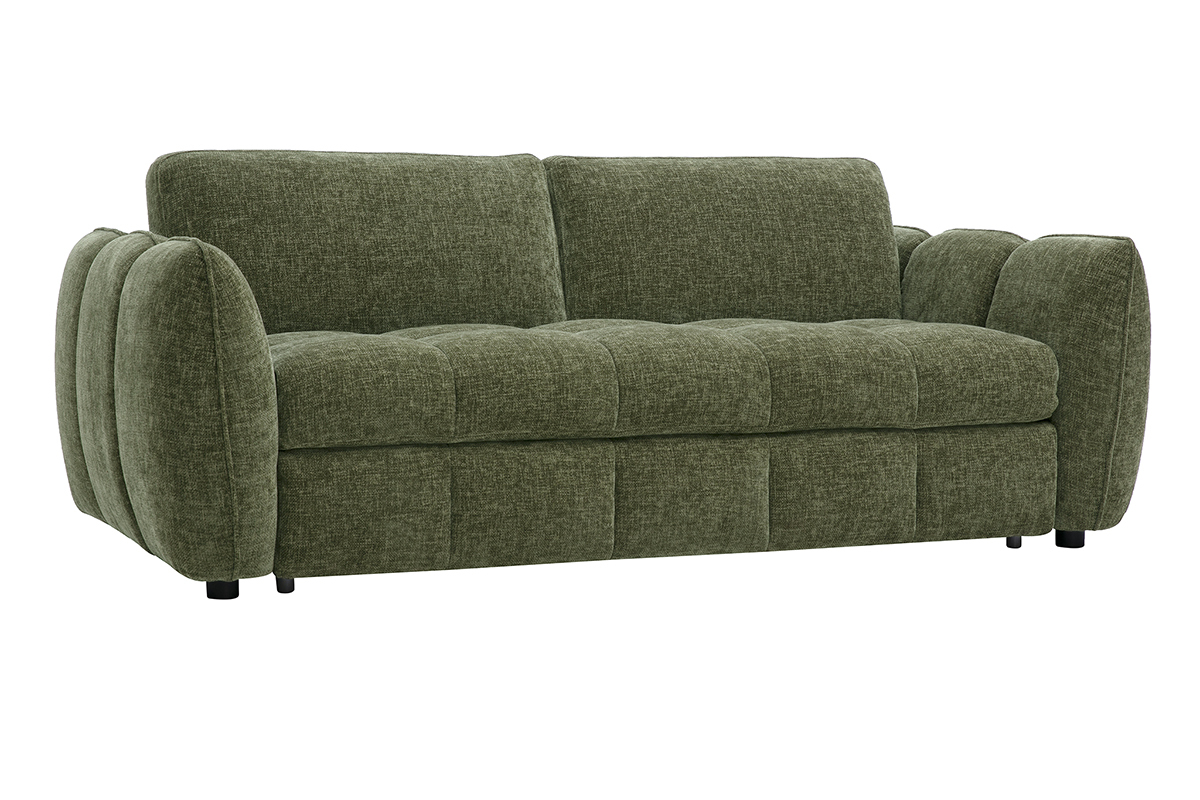 Canap� convertible design 3 places en tissu effet velours textur� vert kaki, vue de 3/4