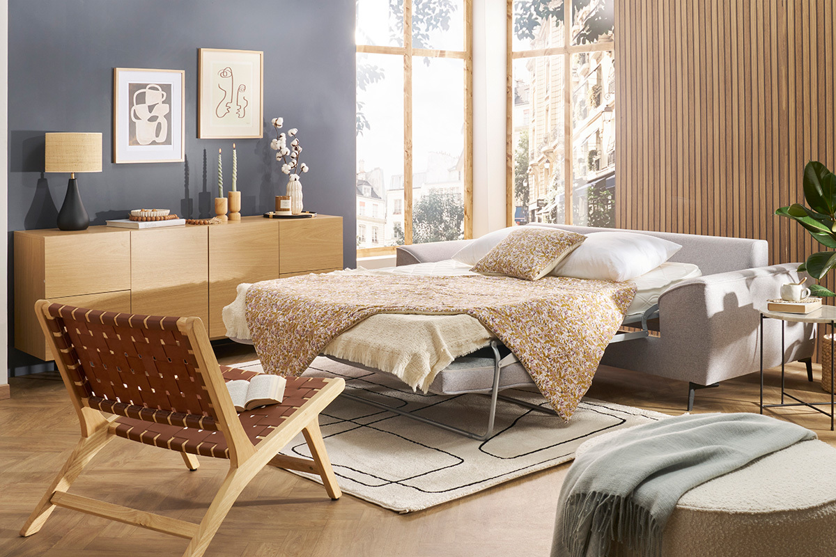 Canap� convertible design 3 places en tissu gris et m�tal noir GAEL