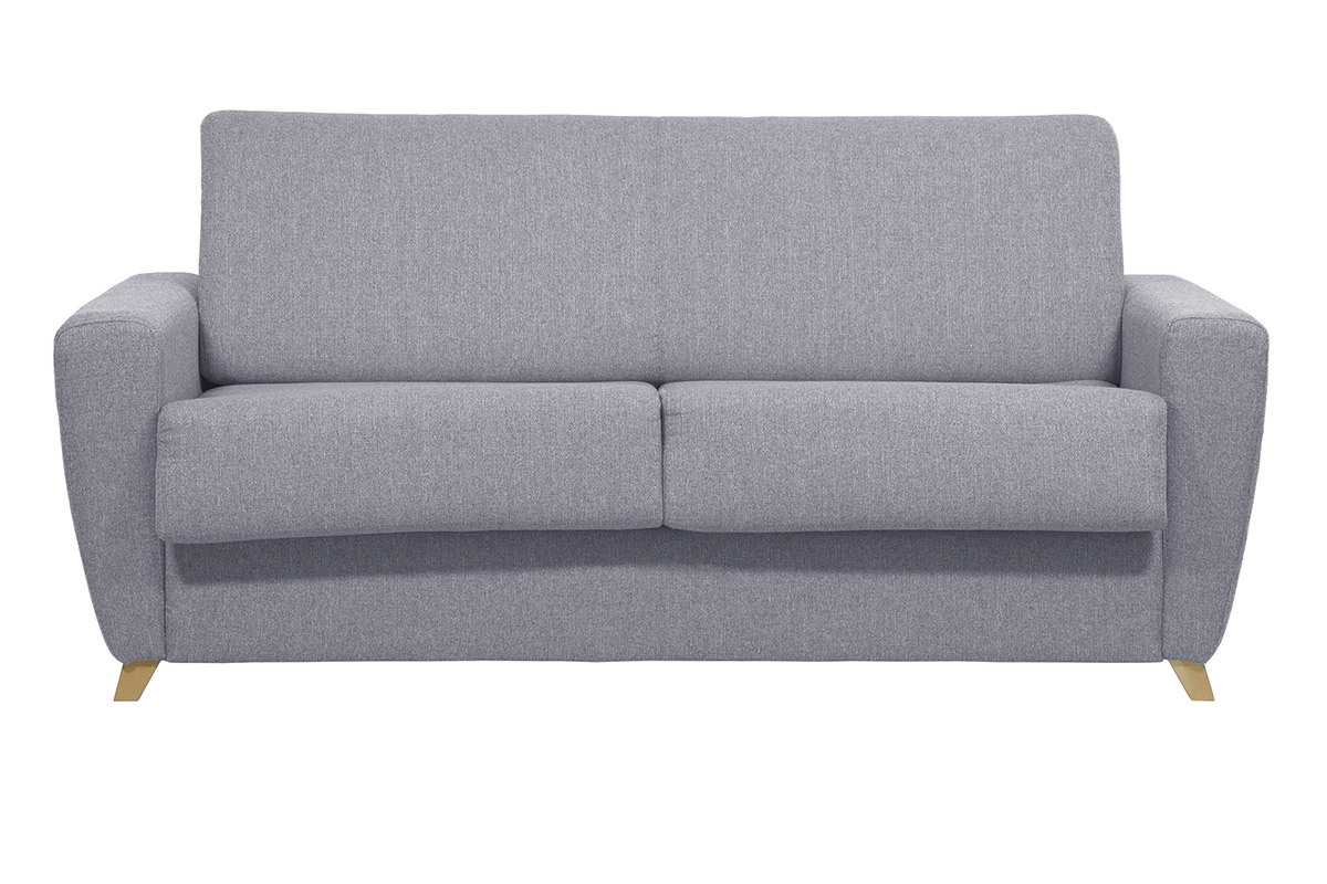 Canap� convertible GRAHAM en tissu gris clair avec pi�tement en bois clair, vue de face.